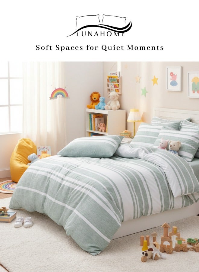 LUNA Home Single Size 4 Pieces set ( 1 duvet cover (160*210cm), 1 fitted sheet (100*200+30cm), and 2 pillow cases (50*75cm).) This bedding set showcases a delightful striped design in green and white, made from the same fabric and without any filling. - Image 1
